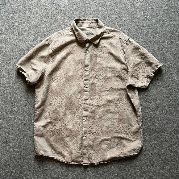 Tasso Elba Brown Tan Paisley Patchwork Short Sleeve Button Shirt Linen Blend XXL - Picture 1 of 10